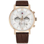 Złota koperta Ø43 mm i biała tarcza Evan 1710394 na brązowym pasku 22 mm – zdjęcie główne