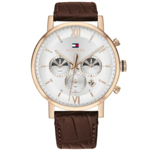 Złota koperta Ø43 mm i biała tarcza Evan 1710394 na brązowym pasku 22 mm – zdjęcie główne