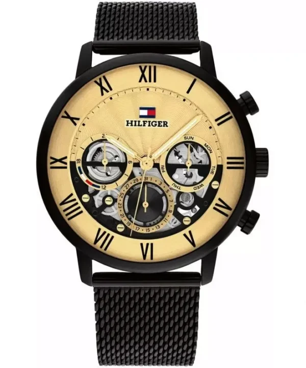 Złota tarcza open-heart 1710568 z czarną bransoletą mesh 22 mm – zdjęcie główne