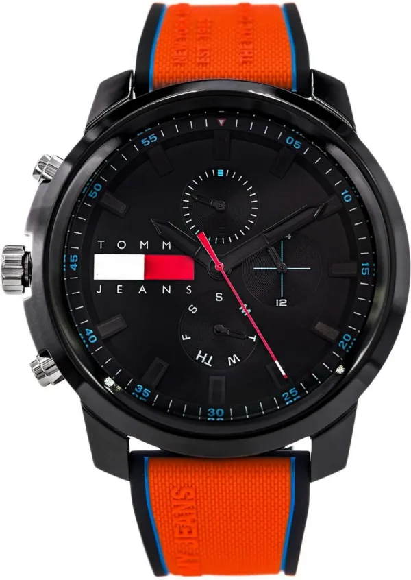 Męski zegarek Tommy Hilfiger Wynwood 1710583 z czarną tarczą open-heart i pomarańczowym paskiem. – zdjęcie główne