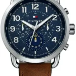 Granatowa tarcza chronograf na skórzanym pasku – zdjęcie główne