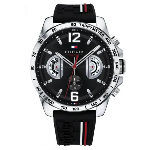 Zegarek męski Tommy Hilfiger Decker 1791473 czarny gumowy pasek tachymetr sportowy – zdjęcie główne