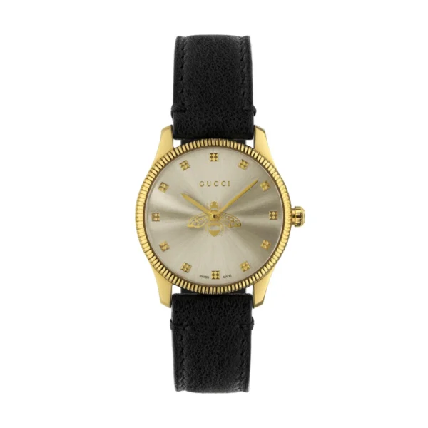 Zegarek damski Gucci G-Timeless YA1265023 – obracająca się srebrna pszczoła i skórzany pasek