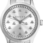 Zegarek damski Gucci G-Timeless YA1265031 – srebrna tarcza z motywem pszczół, stalowa koperta Ø32 mm