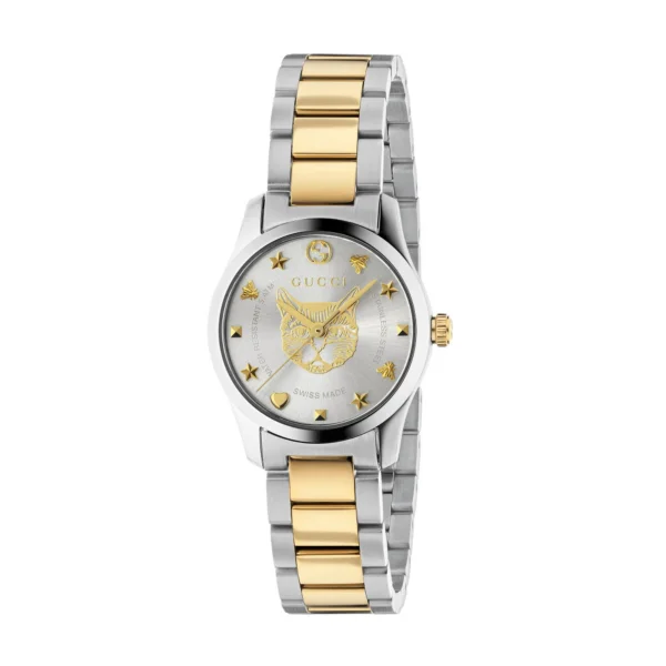 Zegarek damski Gucci G-Timeless YA126596 – srebrna tarcza z wyrazistymi indeksami i stalową bransoletą