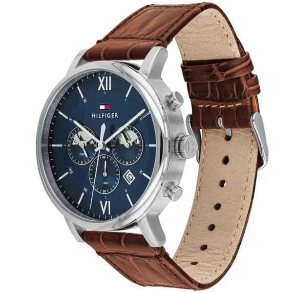 Niebieska tarcza zegarka Evan 1710393 z GMT na brązowym pasku 22 mm – zdjęcie 2