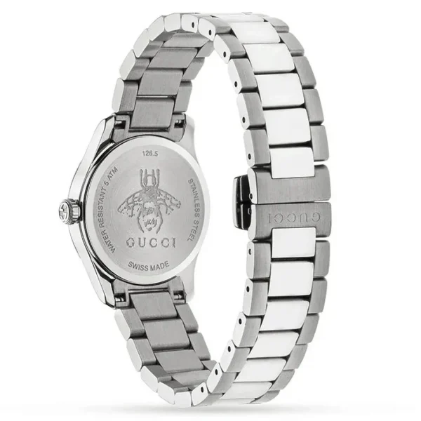 Zegarek damski Gucci G-Timeless YA1265013 tarcza z masy perłowej i stalowa bransoleta Ø32 mm zdjęcie 2 widok koperty i zapięcia