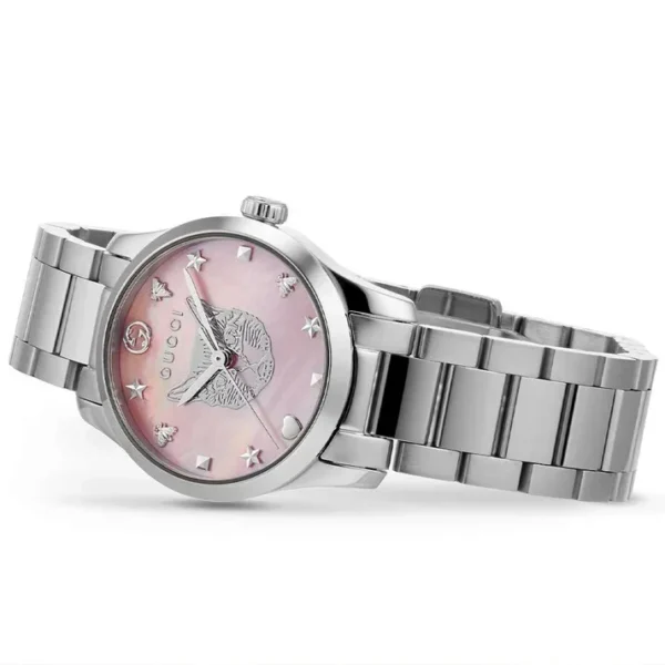 Zegarek damski Gucci G-Timeless YA1265013 tarcza z masy perłowej i stalowa bransoleta Ø32 mm zdjęcie 4 detal tarczy i indeksów