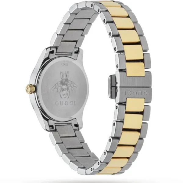 Zegarek damski Gucci G-Timeless YA1265016 kompaktowa stalowa koperta Ø28 mm z minimalistyczną tarczą zdjęcie 2 widok koperty i zapięcia