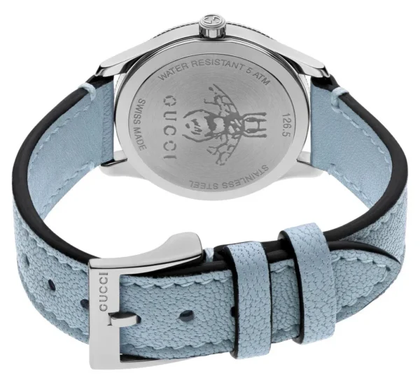 Zegarek damski Gucci G-Timeless YA1265039 srebrna tarcza i niebieski skórzany pasek zdjęcie 2 widok koperty i zapięcia