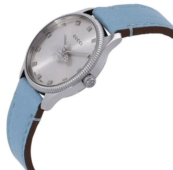 Zegarek damski Gucci G-Timeless YA1265039 srebrna tarcza i niebieski skórzany pasek zdjęcie 3 widok z boku