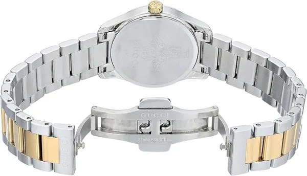 Zegarek damski Gucci G-Timeless YA126596 srebrna tarcza z wyrazistymi indeksami i stalową bransoletą zdjęcie 2 widok koperty i zapięcia